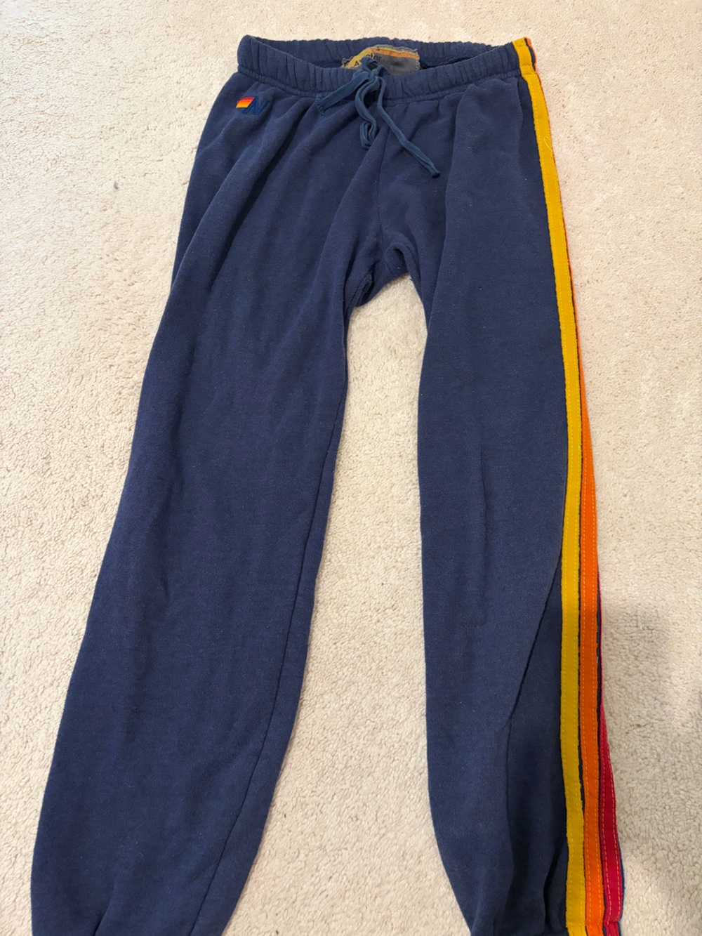Aviator Nation Navy Track Pants with Yellow & Orange Side Stripes